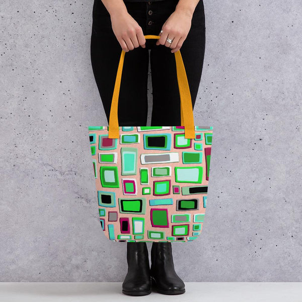 Tote bag | Green Geometric Mid Century Style with yellow handle