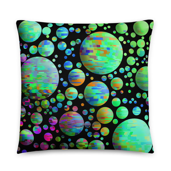Multicolored planet shapes on black background cushion or pillow