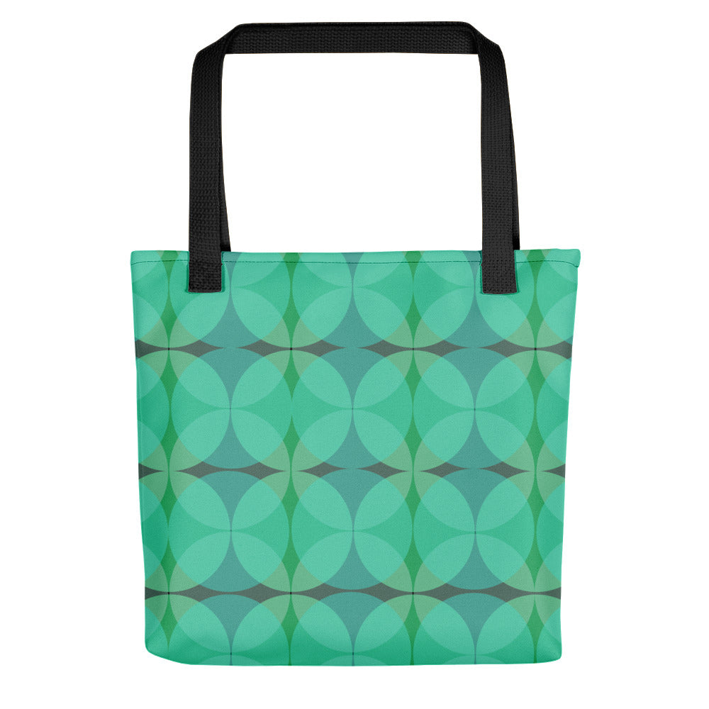  green 50s style Mid-Century Modern Circles Emerald tote bag with black handle