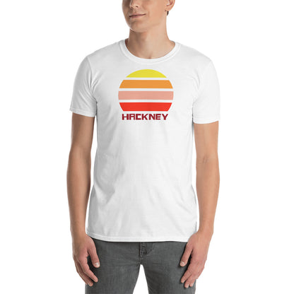 vintage sunset style t-shirt entitled Hackney in white