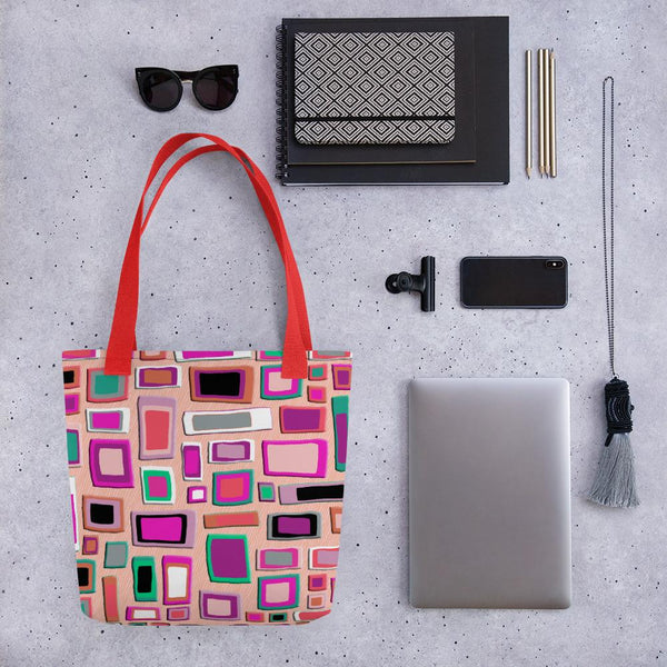 Pink mid-century geometric design tote bag