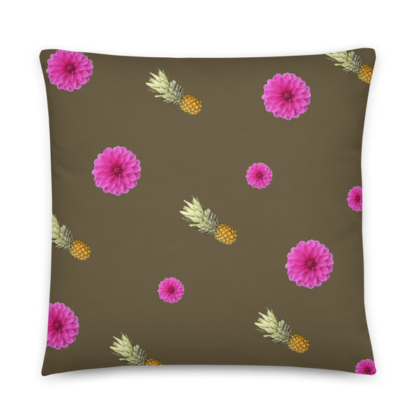 Pink flowers and pineapples patterned cushion or pillow in olive background