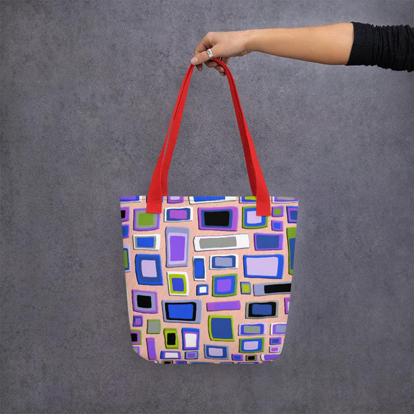 Tote bag | Purple Geometric Mid Century Style with red handle
