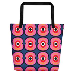 Pink and blue  retro style abstract design beach tote bag with black handle