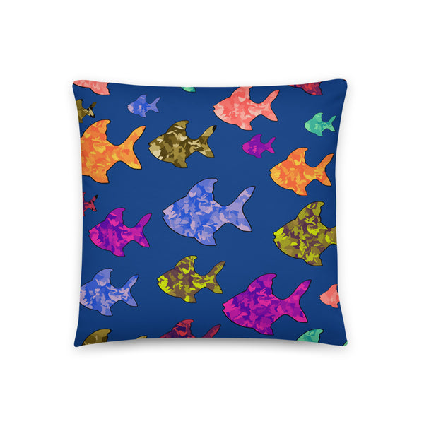 Rainbow fish basic cushion or pillow in navy blue