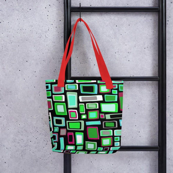 Tote bag | Green and Black Geometric Mid Century Style with red handle