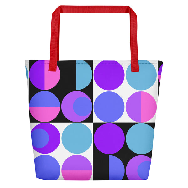 retro abstract design Purple Bauhaus Retro Abstract Memphis Style beach tote bag with red handle