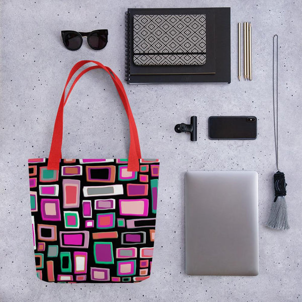 Tote bag | Pink and Black Geometric Mid Century Style with red handle