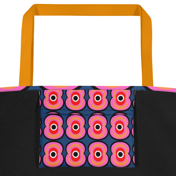 Pink and blue  retro style abstract design beach tote bag with yellow handle showing inside pocket