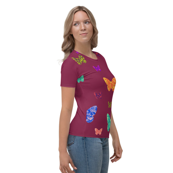 Womens burgundy t-shirt with colorful butterflies