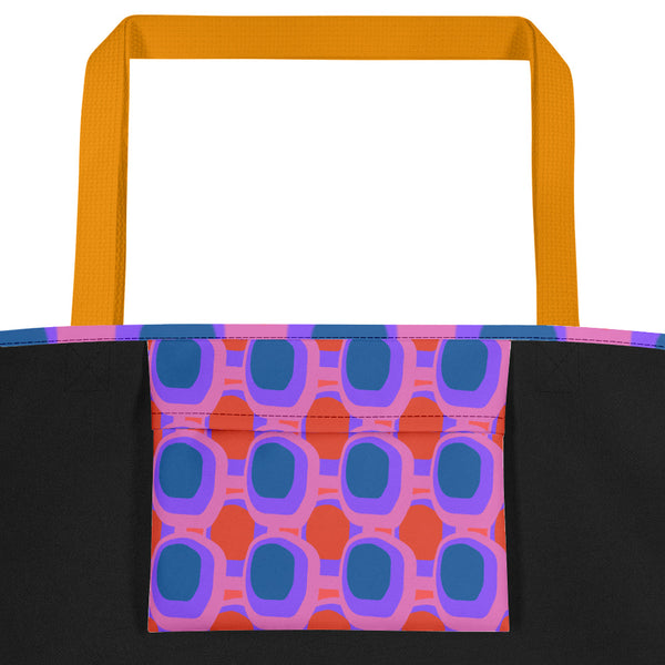 Retro abstract design Pink Blue Orange Retro Abstract beach tote bag with yellow handle - inside pocket view