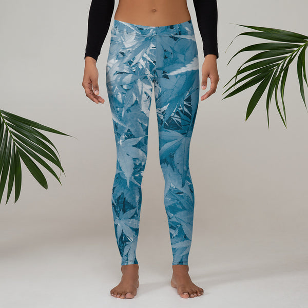 Blue maple leaf patterned leggings