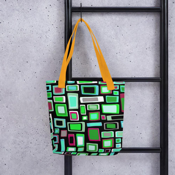 Tote bag | Green and Black Geometric Mid Century Style with yellow handle