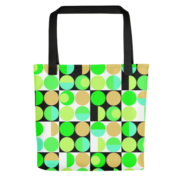 Yellow Bauhaus Retro Abstract Memphis Style tote bag with black handle