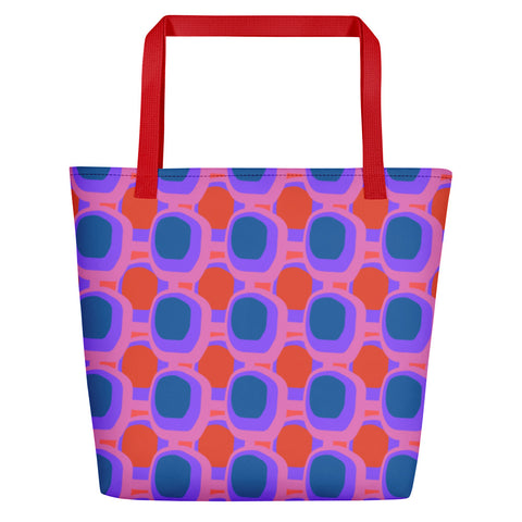 Retro abstract design Pink Blue Orange Retro Abstract beach tote bag with red handle