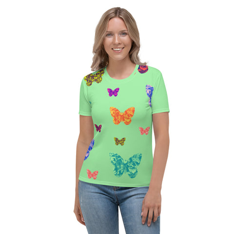 Womens light green t-shirt with colorful butterflies