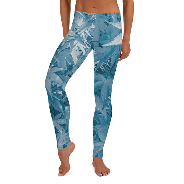 Blue maple leaf patterned leggings