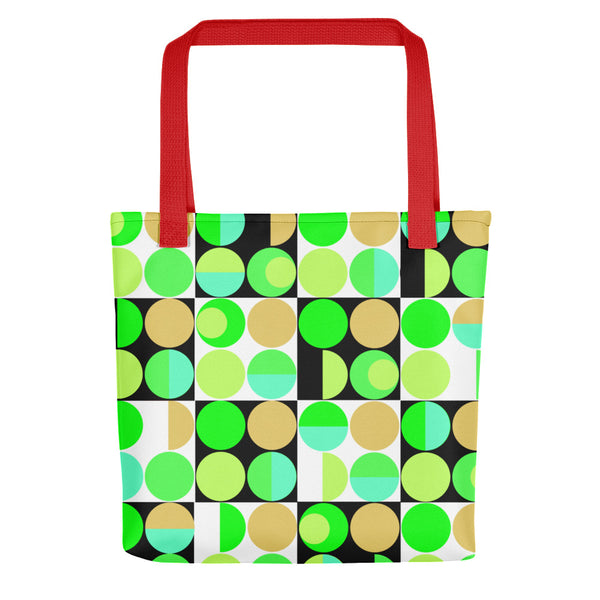 Yellow Bauhaus Retro Abstract Memphis Style tote bag with red handle