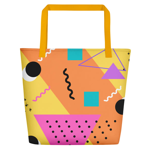 Yellow Bauhaus Retro Abstract Memphis Style beach tote bag with yellow handle