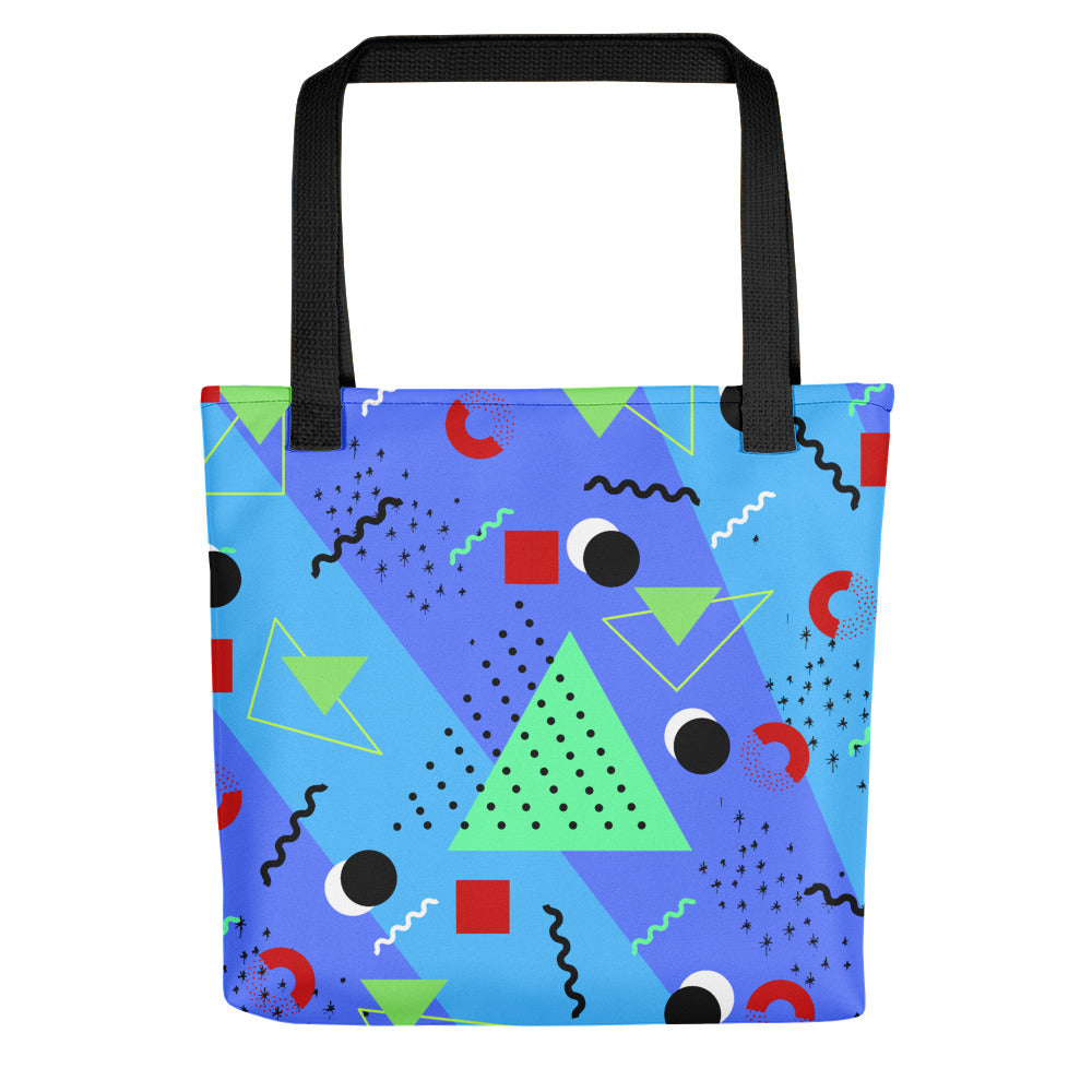 Azure Blue Retro Abstract Memphis 80s Style tote bag with black handle