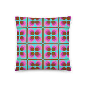Pink and Brown Retro Seventies Tiles Pattern with Blue Background sofa cushion throw pillow