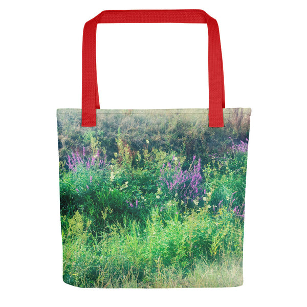Floral tote bag with red handle