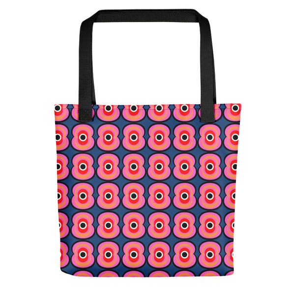 70s retro style abstract seventies style design Pink Retro Poppies tote bag with black handle