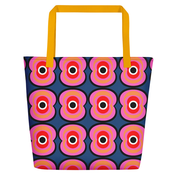 Pink and blue  retro style abstract design beach tote bag with yellow handle