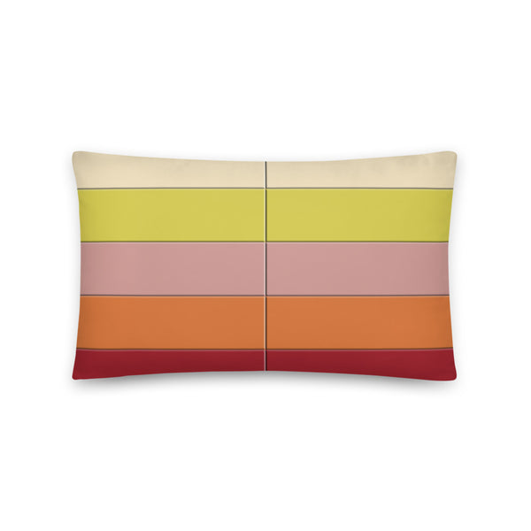 Striped pattern in burgundy, orange, pink, yellow and cream colors with button effect