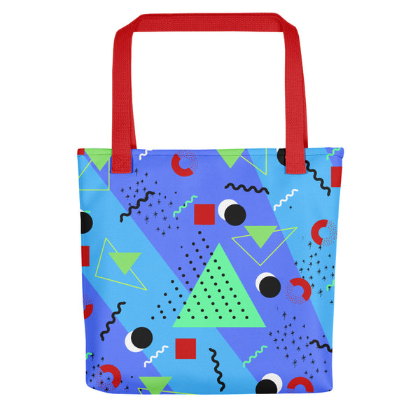 Azure Blue Retro Abstract Memphis 80s Style tote bag with red handle