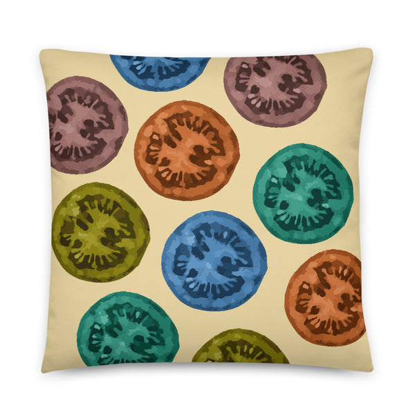 Multicolored tomatoes basic cushion or pillow in sunrise yellow