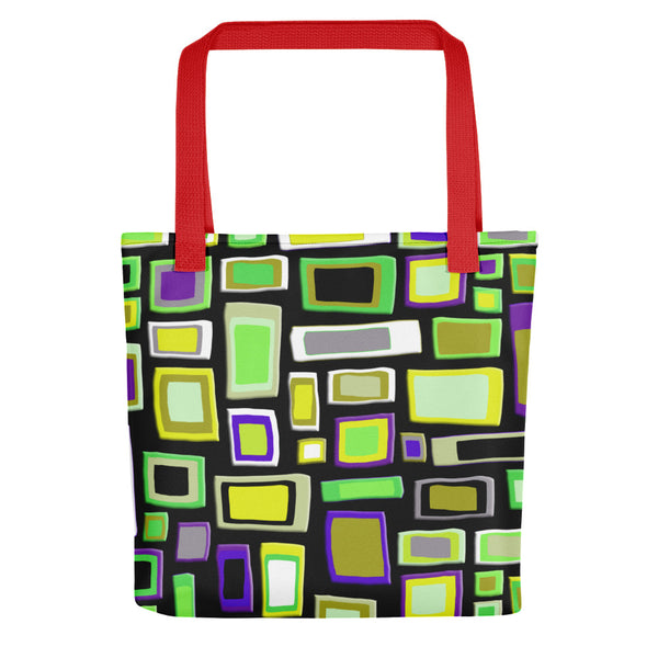 Tote bag | Yellow and Black Geometric Mid Century Style with red handle