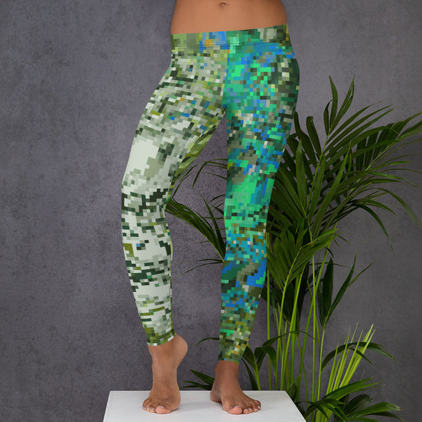 green and turquoise abstract patterned leggings