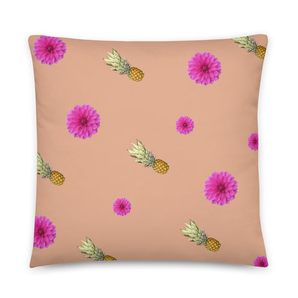 Pink flowers and pineapples patterned cushion or pillow in peach background