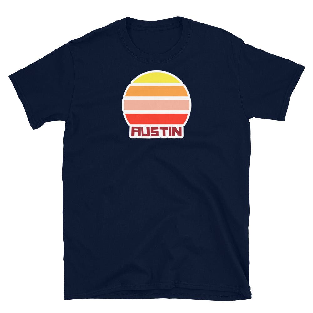 retro vintage sunset style t-shirt entitled Austin in navy