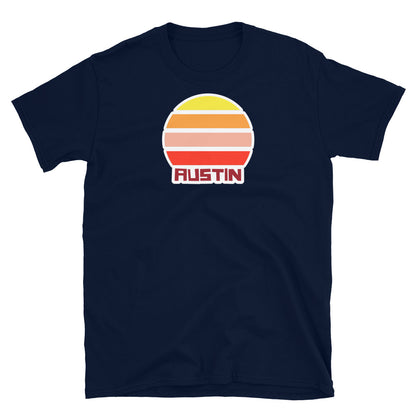 retro vintage sunset style t-shirt entitled Austin in navy