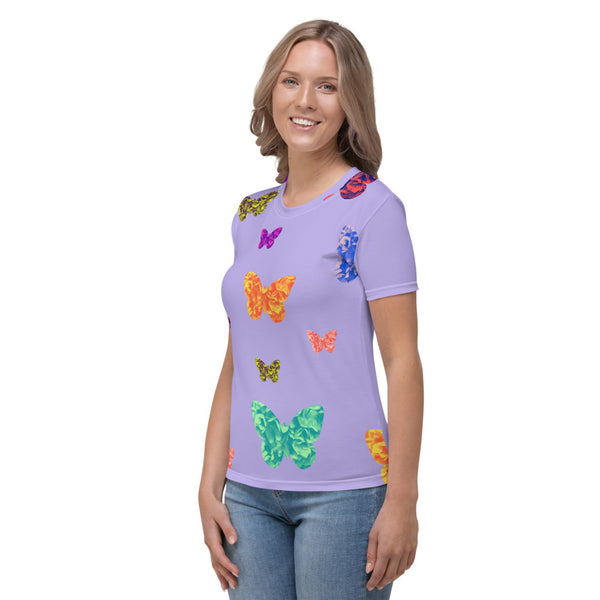 Womens lilac t-shirt with colorful butterflies