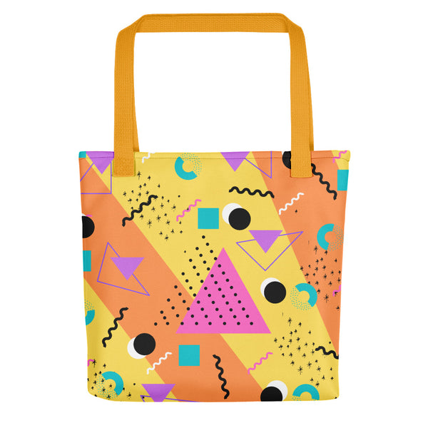 Orange Retro Abstract Memphis 80s Style tote bag with yellow handle