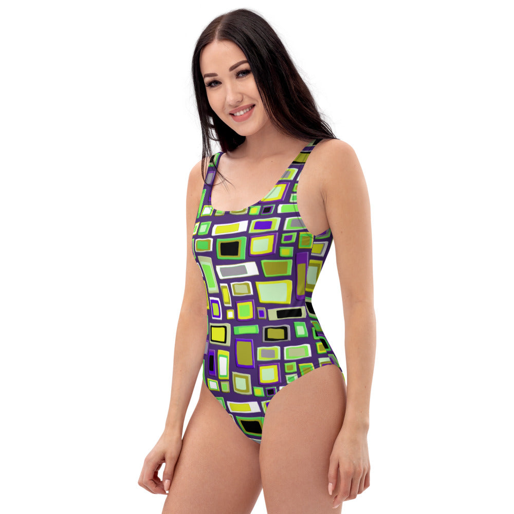 One-Piece Swimsuit | Yellow Purple Seventies Retro Style