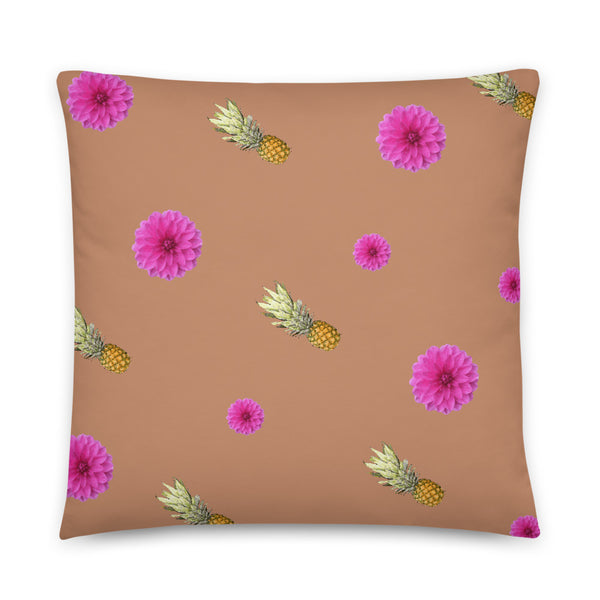 Pink flowers and pineapples patterned cushion or pillow in green background