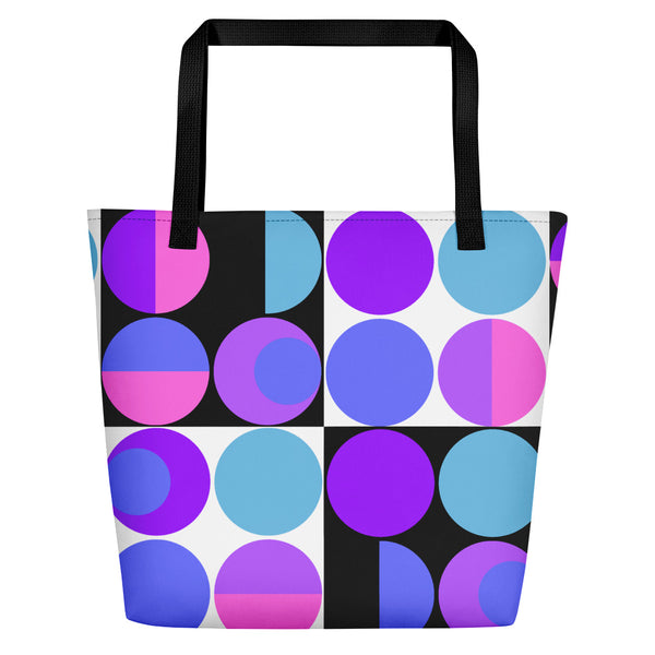 retro abstract design Purple Bauhaus Retro Abstract Memphis Style beach tote bag with black handle
