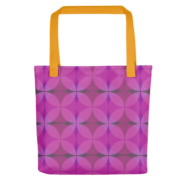 pink 50s style Mid-Century Modern Circles Flamingo pattern tote bag with yellow handle