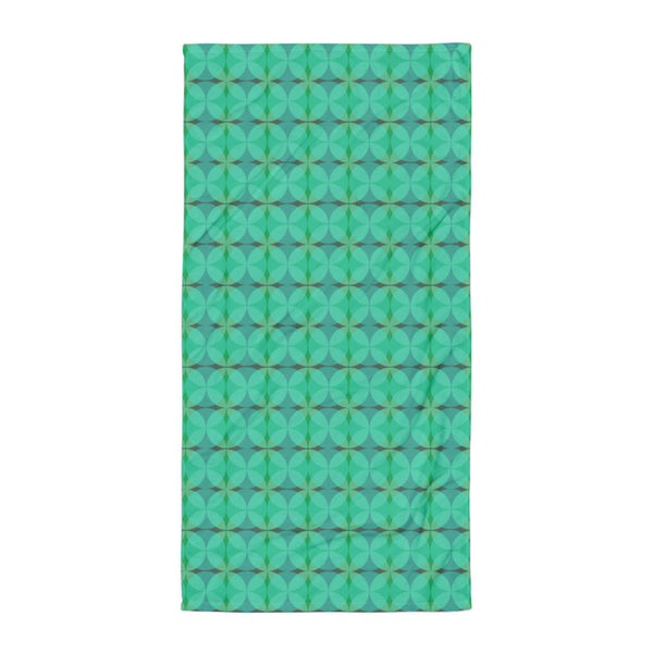 green all-over patterned Mid-Century Modern Circles Emerald bathroom towel