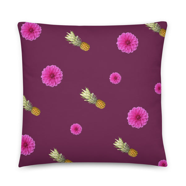 Pink flowers and pineapples patterned cushion or pillow in magenta background