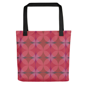 red 50s style Mid-Century Modern Circles Cranberry pattern tote bag with black handle