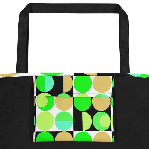 etro abstract design Yellow Bauhaus Retro Abstract Memphis Style beach tote bag with black handle