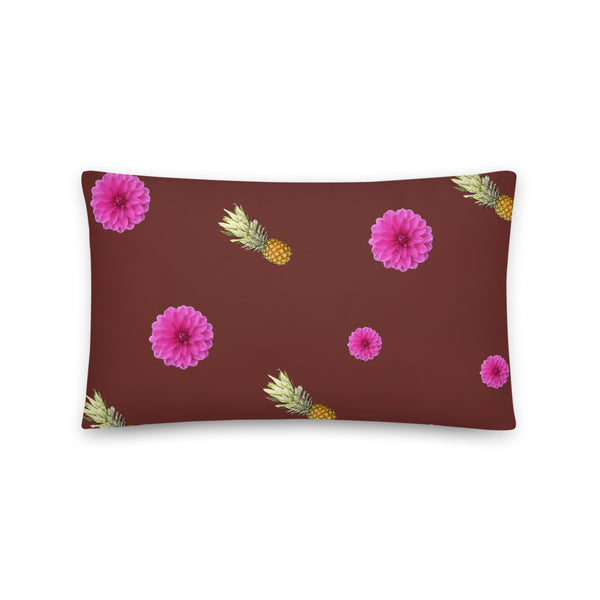 Pink flowers and pineapples patterned cushion or pillow in red background