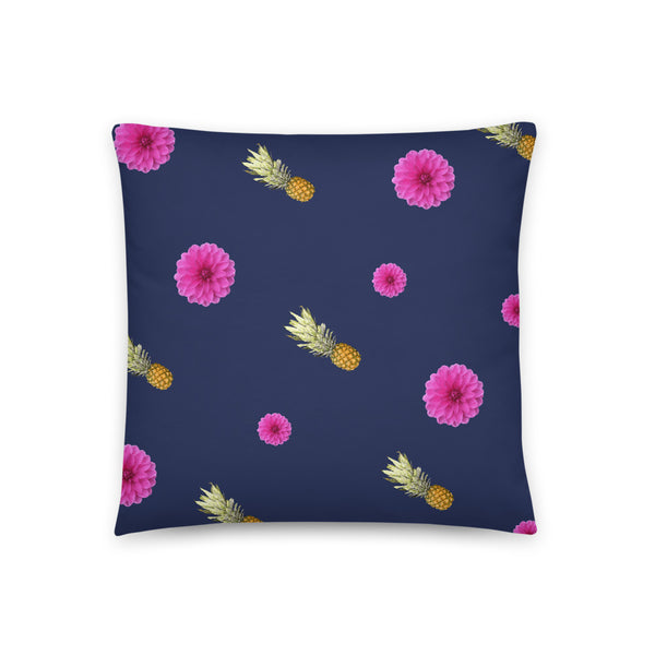 Pink flowers and pineapples patterned cushion or pillow in navy background