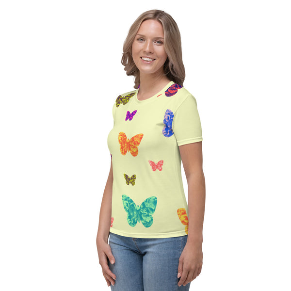 Womens pale yellow t-shirt with colorful butterflies