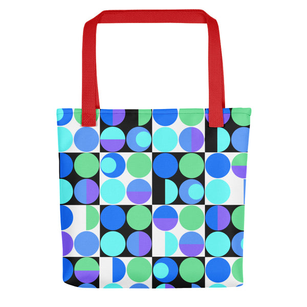 Blue Bauhaus Retro Abstract Memphis Style tote bag with red handle